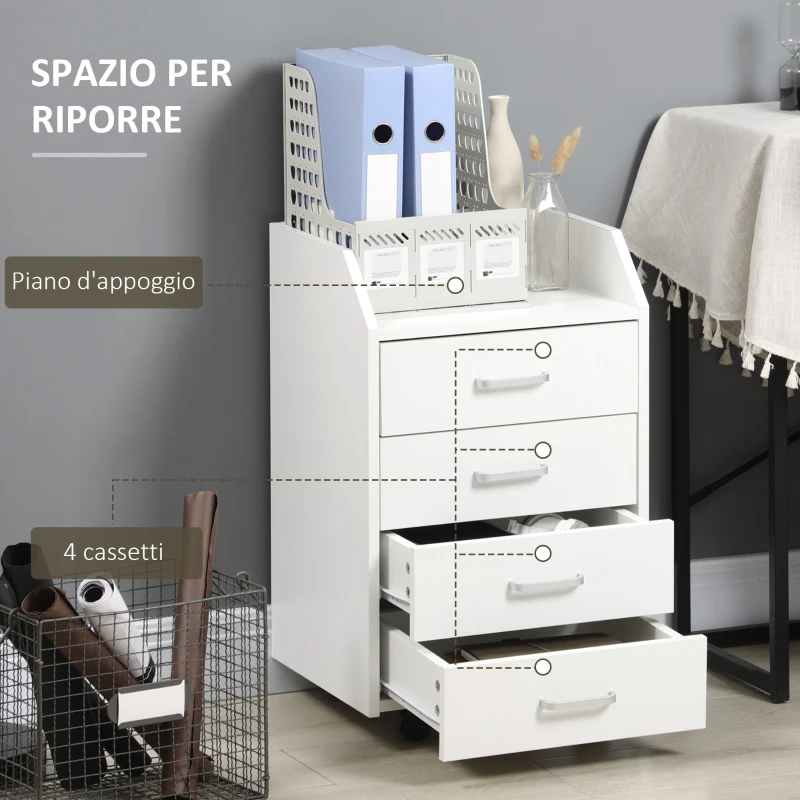 Vinsetto Cassettiera da Ufficio in Legno con 4 Cassetti, Ruote e Bordi Rialzati, 40x36x65cm, Bianco