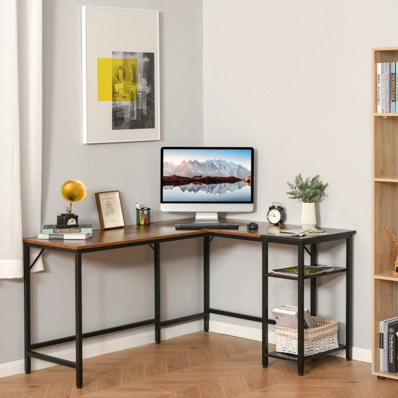 HOMCOM Bureau Informatique Design Industriel Bureau d'angle 2 tablettes Support CPU imprimante Aspect Vieux Bois métal Noir
