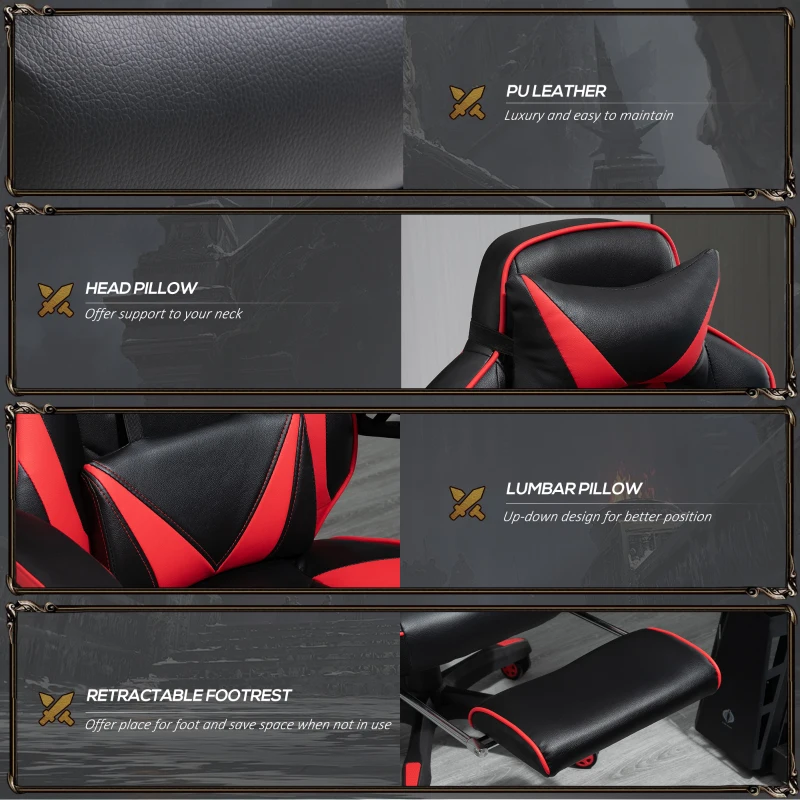 Vinsetto Computer Gaming Chair, Racing Desk Chair with Lumbar Support and Footrest, PU Leather Gamer Chair with Headrest and Swivel Wheels for Home, Red