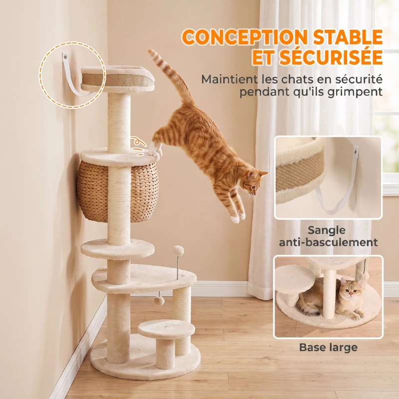 PawHut Arbre à Chat Tour pour Chat en Rotin Design 4 Niveaux avec Niche Quenouille Panier Jute et Coussin 132cm Beige