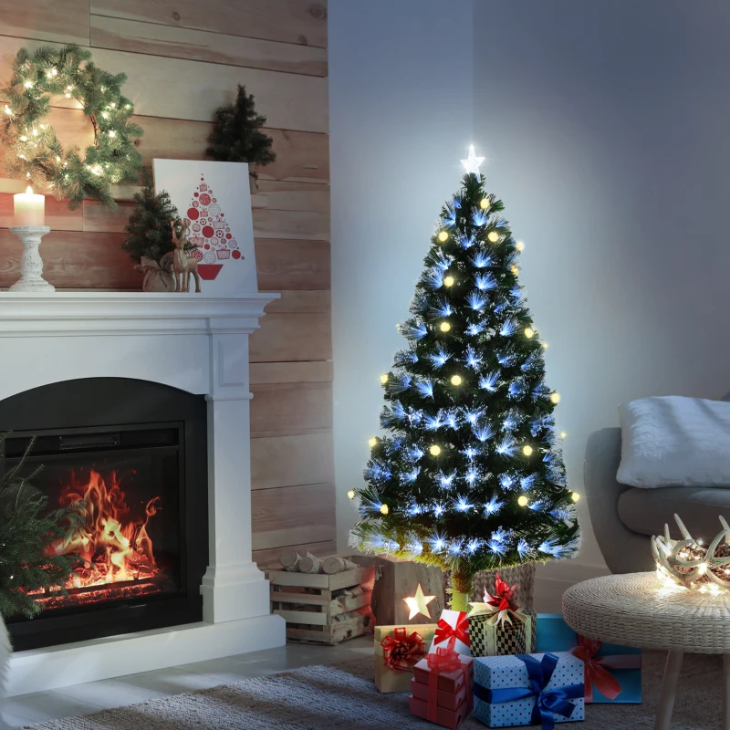 HOMCOM Albero di Natale Artificiale 150cm con Luci Incorporate e 180 Rami, Albero di Natale con Luci a LED e Fibre Ottiche, Base Pieghevole Rimovibile