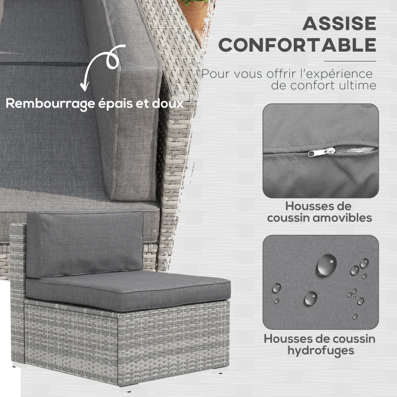 Outsunny Ensemble salon de jardin 7 pièces modulables table basse plateau verre trempé coussins déhoussables inclus gris