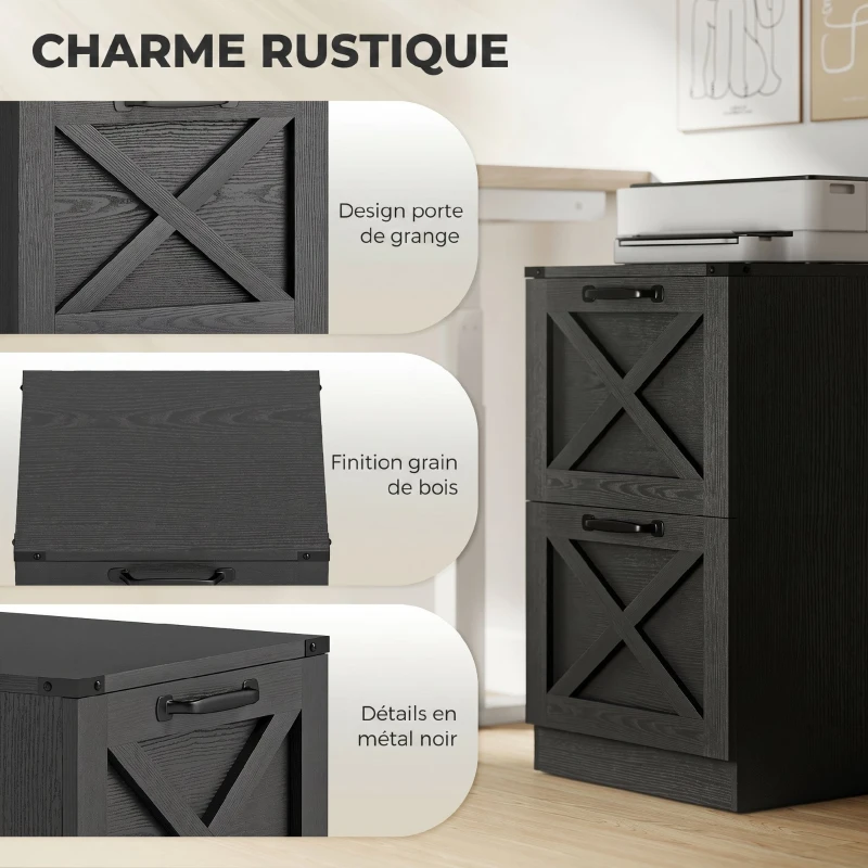HOMCOM Caisson de Bureau avec 2 Tiroirs, Dossiers Suspendus pour Formats Lettre/A4, Style Rustique, 40x40x71cm, Noir