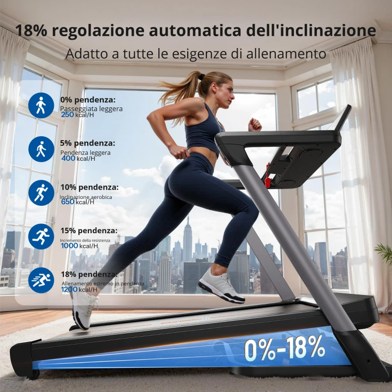 Tapis roulant pieghevole, sistema di chiusura pneumatico azionabile con una sola mano, 4 cuscini elastici, 145x89x130 cm, Nero
