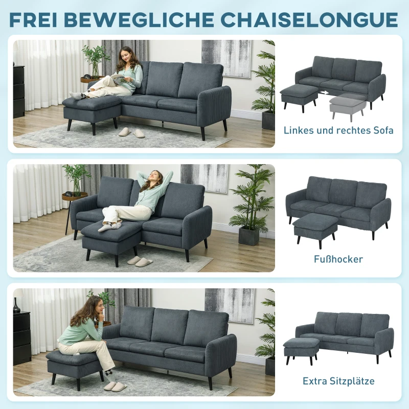 HOMCOM Hoekbank, 3-zitsbank met hocker, stoffen bekleding, L-vormige bankset, donkergrijs