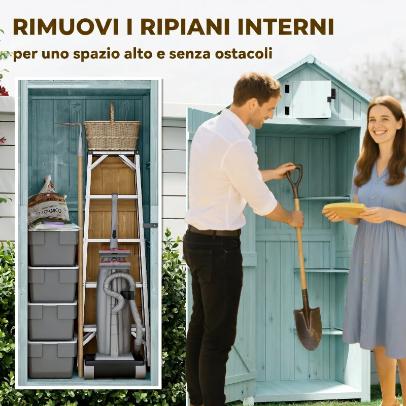 Outsunny Casetta da Giardino Porta Attrezzi in Legno con 3 Ripiani, 77x54.2x179cm, Blu