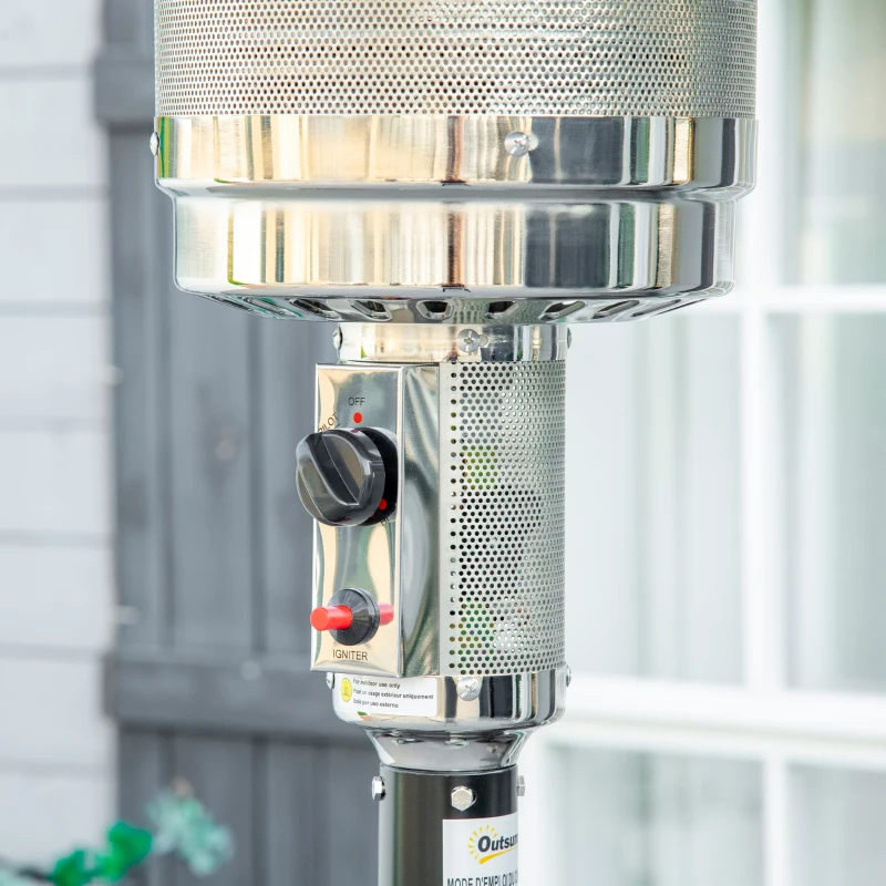 Outsunny Chauffage de terrasse à gaz 13 Kw 30 m² et IP44 chauffage radiant avec roues de transport étagère et protection contre le renversement détendeur et tuyau de gaz fournis alu et acier noir
