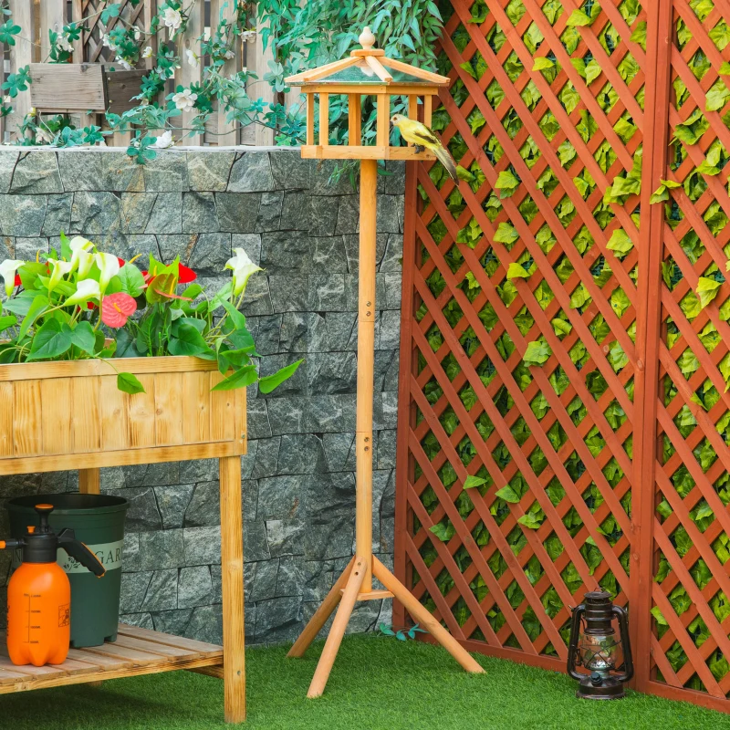 PawHut Houten vogelvoederhuis op standaard met platform en schuin metalen dak, Ø57,7 x 153 cm, naturel