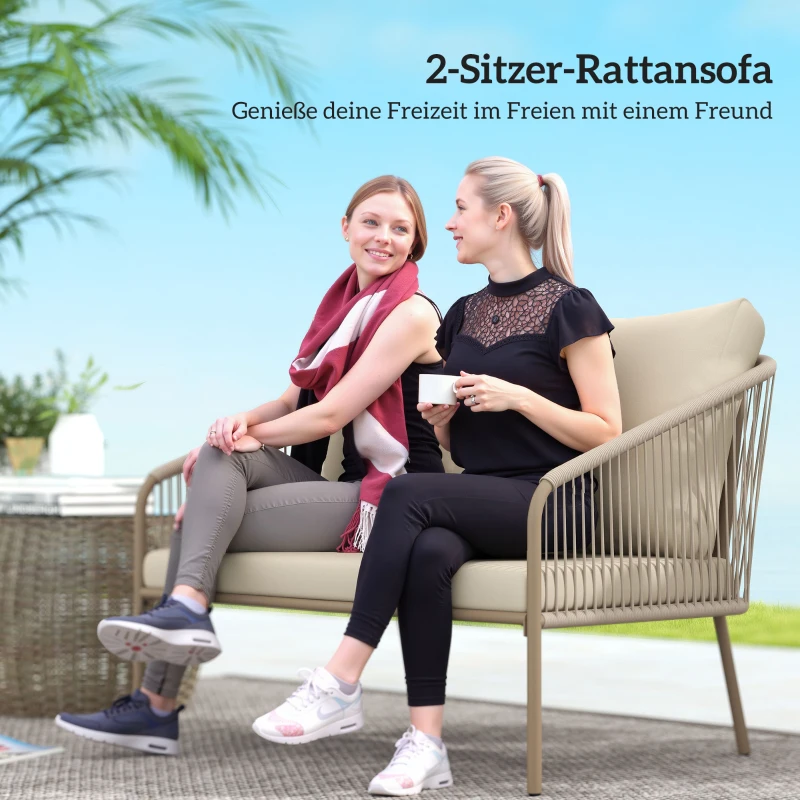 Outsunny 2-zits rotanbank met kussens loungeset, weerbestendige bank beige