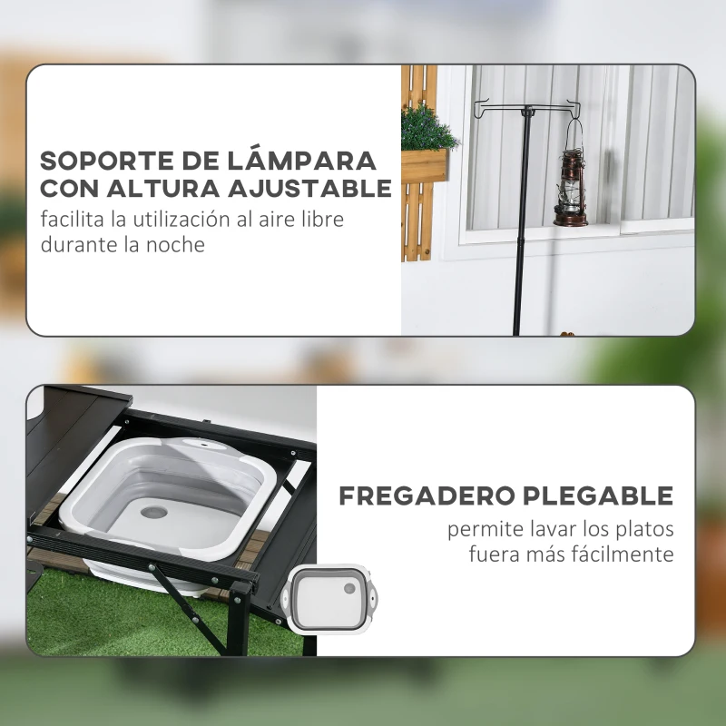 Outsunny Mesa de Camping Plegable con Fregadero Soporte para Lámpara y Estantes para Barbacoas Picnics y Viajes 173x52x80-174cm