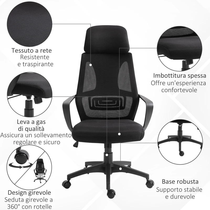 Vinsetto Sedia da Ufficio Reclinabile con Poggiatesta e Supporto Lombare, in Poliestere, 64x55x116-126 cm, Nero