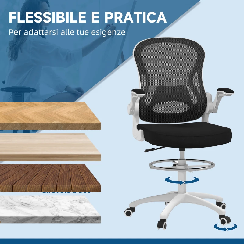 Vinsetto Sedia da Ufficio Ergonomica in Tessuto Traspirante con Altezza Regolabile e Braccioli Ribaltabili, 59x65x110-130 cm