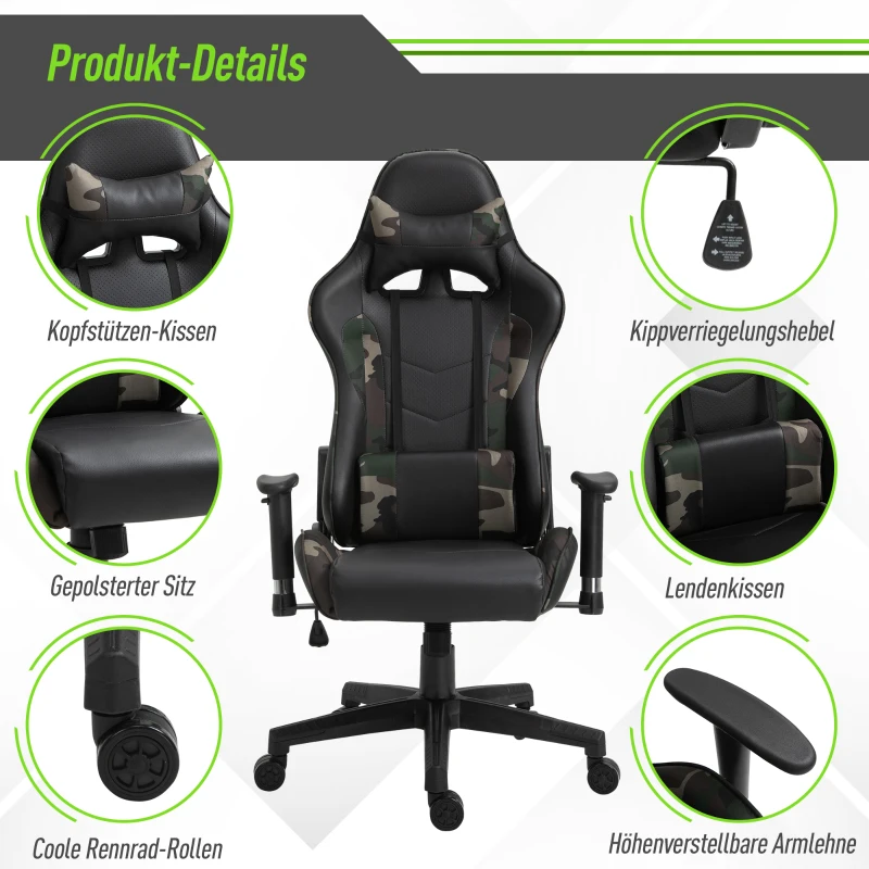 Vinsetto massage bureaustoel, gaming stoel, ergonomisch, kunstleer, schuim, nylon, zwart, camouflage, 64 x 69 x 120-127 cm