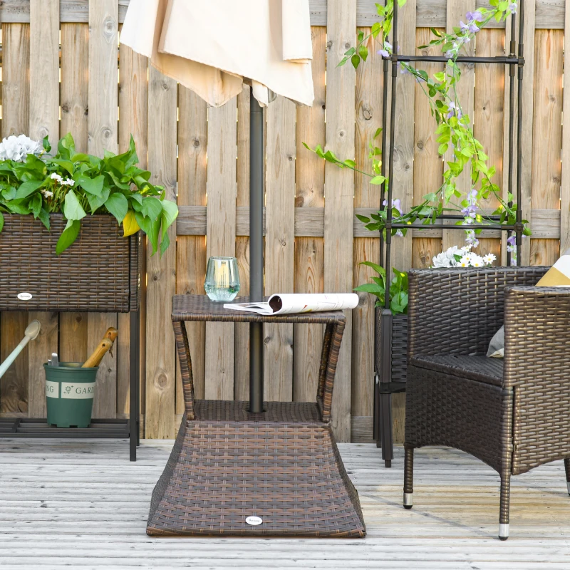 Outsunny Tavolino da Giardino con Ripiano Inferiore e Foro per Ombrellone da 4cm in Rattan 54x54x55cm Marrone