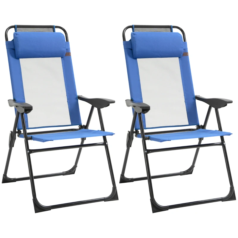 Outsunny Folding Garden Chairs Set of 2, 5-Position Recliner Camping Chair with High Back, All Weather Texteline Seat, Portable Outdoor Dining Chairs with Headrests for Patio, Picnic, Blue