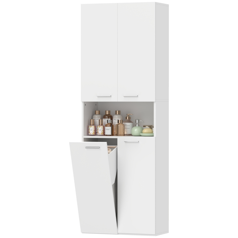 HOMCOM Mobile da Bagno a 2 Ante con Cesto Portabiancheria a Ribalta e Ripiano Aperto, 60x30x174 cm, in Legno, Bianco