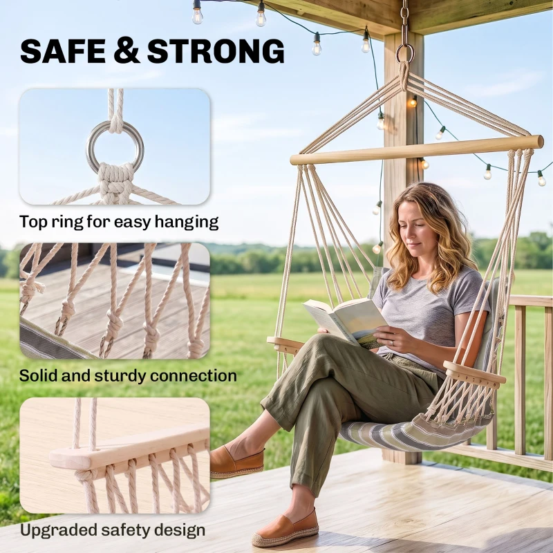 Outsunny Garden Outdoor Hanging Hammock Chair Thick Rope Frame Wooden Arms Safe  Garden Outdoor Spot Stylish Multicoloured stripes