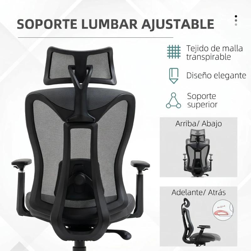 Vinsetto Silla de Escritorio de Malla con Reposacabezas Ajustable Soporte Lumbar y Reposabrazos 3D 70x66x128 cm Gris