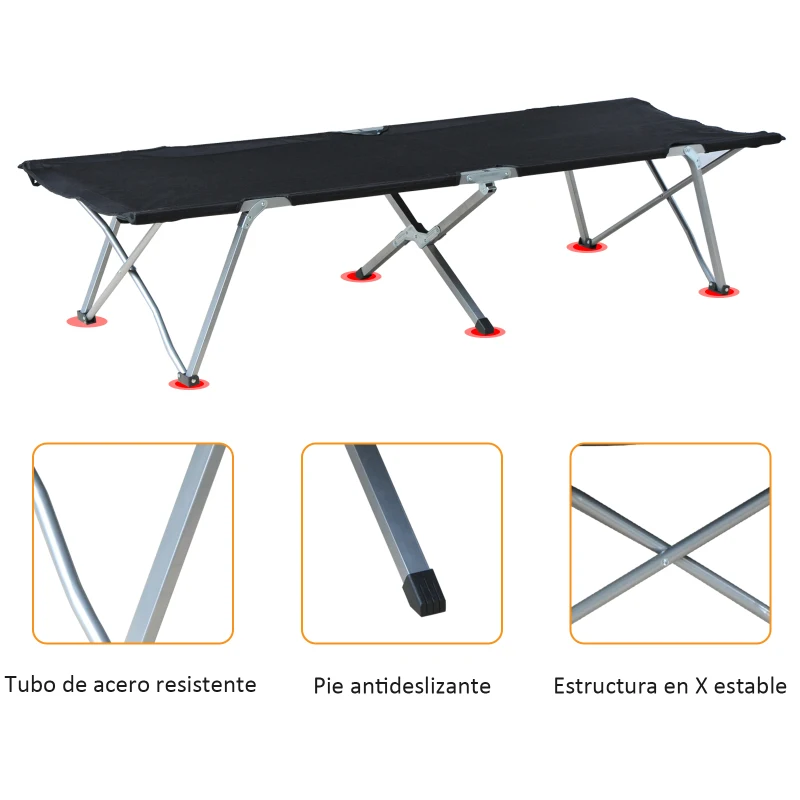 Outsunny Cama de Acampada Plegable de Tela Oxford 600D con Marco Metálico Carga 136 kg para Playa Senderismo 193x64x40 cm Negro
