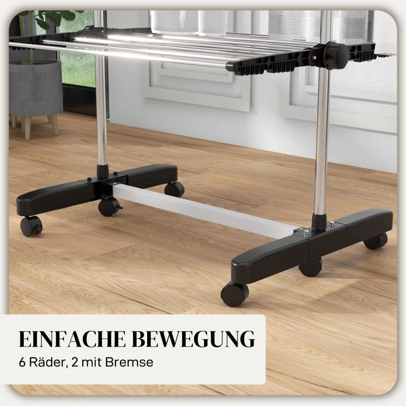 HOMCOM Wasrek wasdroger 5 niveaus, inklapbaar, One-Click-systeem, 142 cm x 55 cm x1 72 cm, Zwart + Zilver(m-7)
