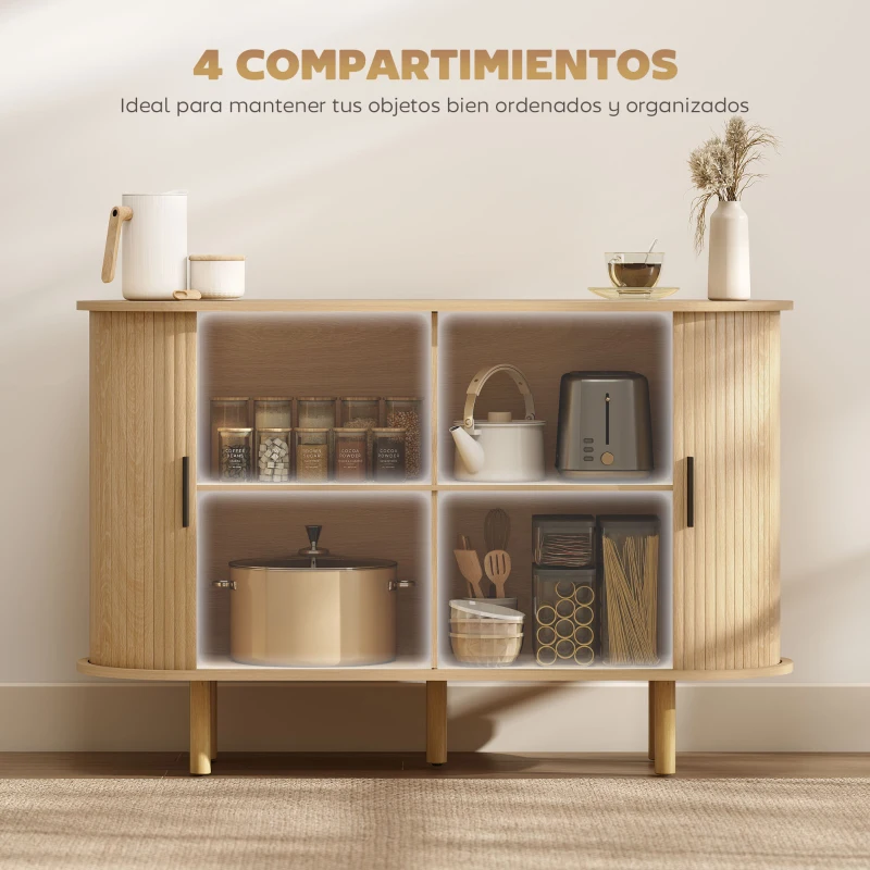 HOMCOM Aparador con Puertas Tambour Deslizantes 4 Compartimentos y Patas de Madera 120x40x78 cm Roble