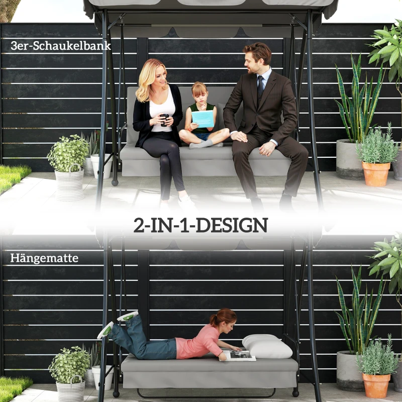 Outsunny Hollywood schommel tuinschommel schommelbank met ligfunctie, 3 zits, metaal + polyester, grijs, 209 x 114 x 170 cm | Aosom