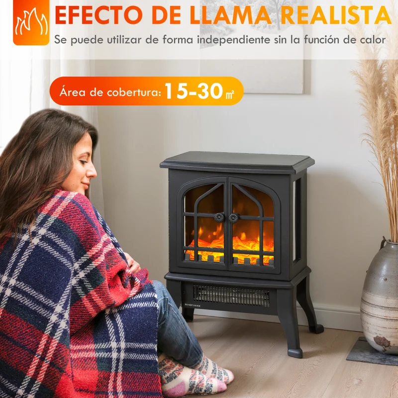 HOMCOM Chimenea Eléctrica de Pie  900/1800W Efecto Llama 3D Termostato Ajustable Ventanas Visibles para 15-30 ㎡ Negro