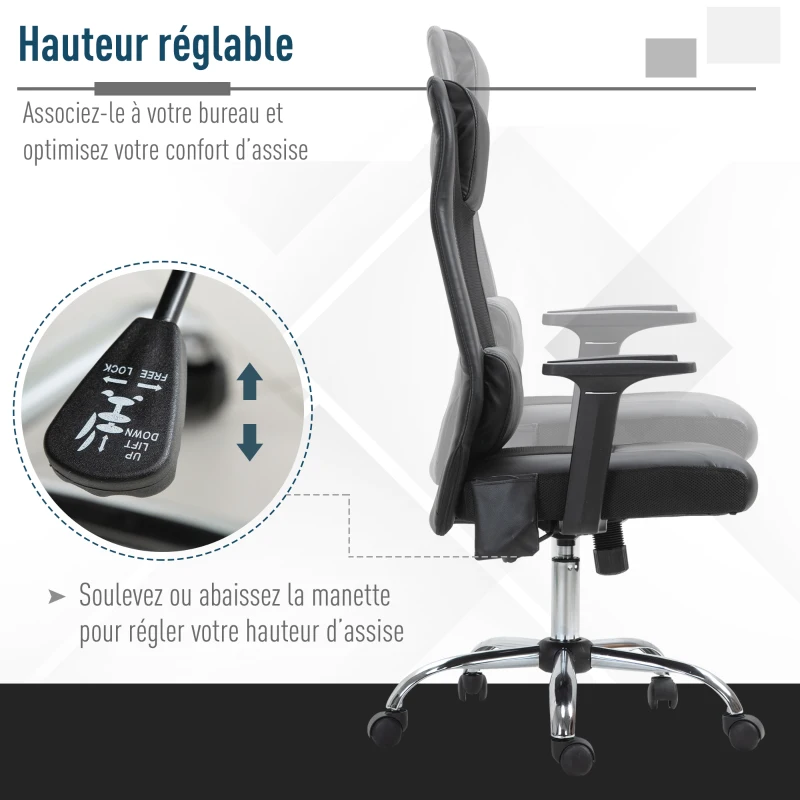 HOMCOM Fauteuil de bureau manager massant - assise dossier ergonomique - coussin lombaires & têtière - maille PU noir