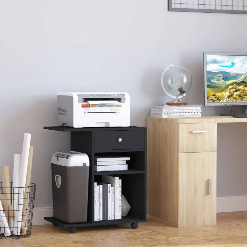 Vinsetto Mobile Porta Stampante in Legno Nero con 1 Cassetto, 2 Ripiani e Mensola CPU, per Ufficio 60x40x68.5cm