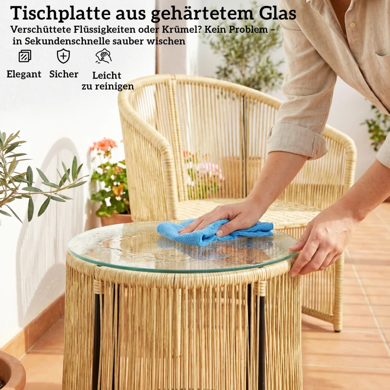 Outsunny Rattan-bistroset, 3-delige tuinmeubelset met ronde glazen tafel, stoelen en kussens, crème