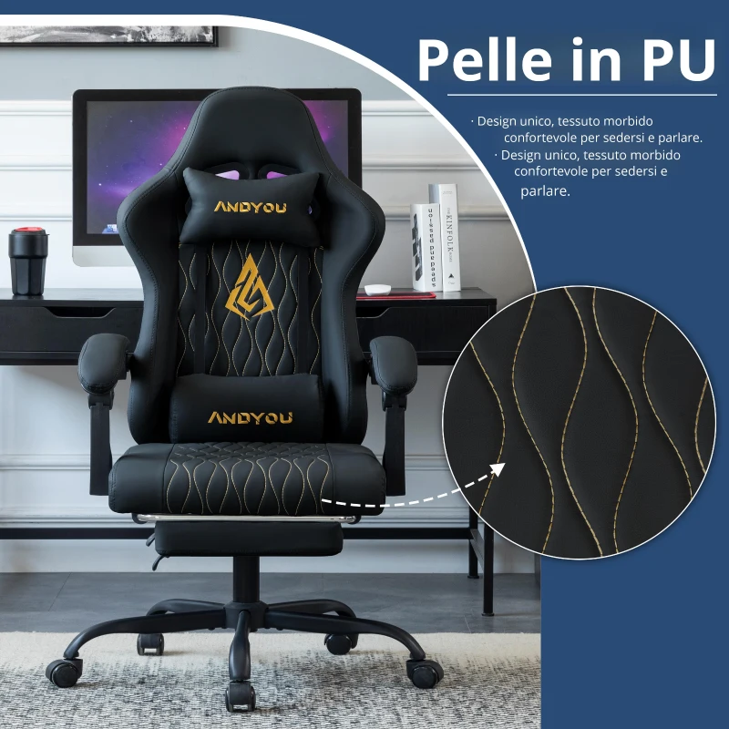 Sedia da gaming con poggiapiedi, morbido cuscino per collo e lombare, cuscini di supporto rimovibili, 60x60x122 cm, Nero
