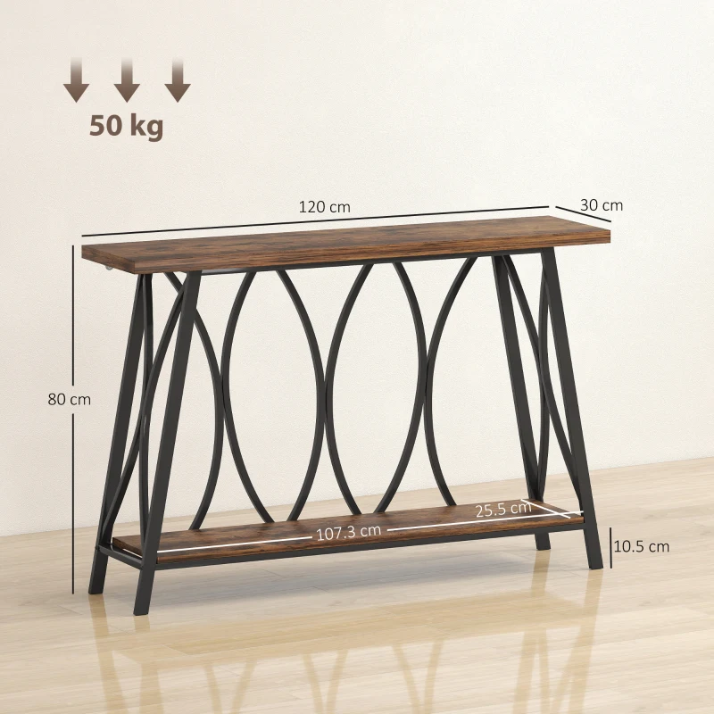 HOMCOM Narrow Console Table, Industrial 2-Tier Sofa Table with Metal Frame for Entryway, Living Room, 120x30x80cm, Rustic Brown