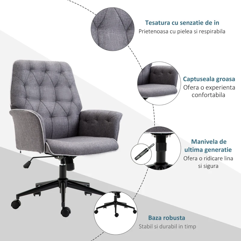 HOMCOM Scaun de birou tapițat, reglabil pe înălțime, din material textil cu aspect de in, 66x69x89.5-97 cm, gri