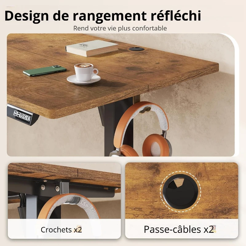 Bureau assis-debout électrique, moteur silencieux avec mémoire 3‑positions et système anti‑collision, 120 × 60 cm, 120x60x72-120 cm, Marron
