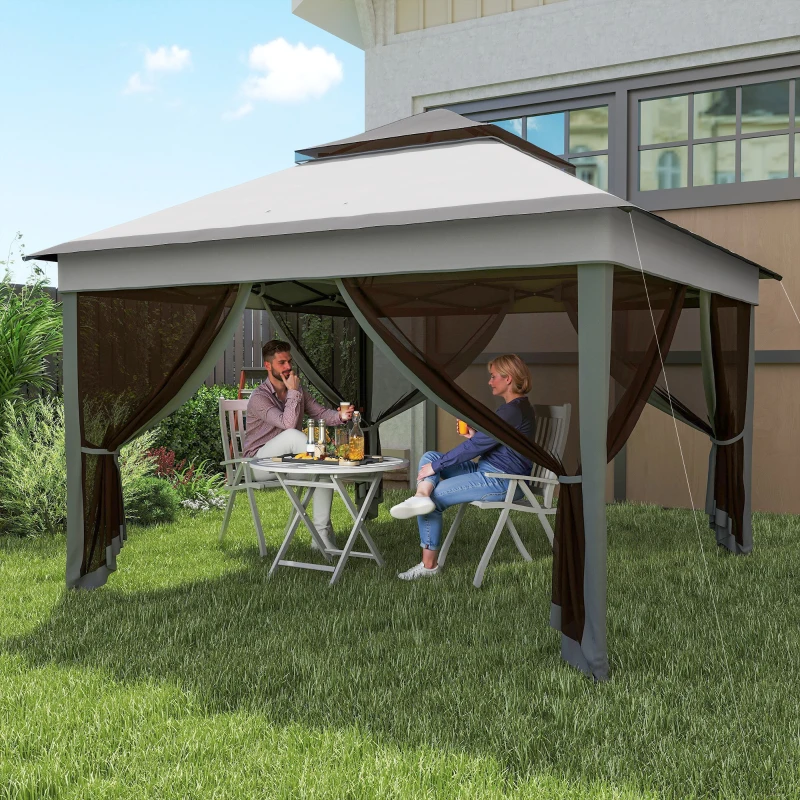 Gazebo Outsunny cu Plase Reglabil pe 3 Nivele, din Oțel și Material Oxford, 326x326x272 cm, Gri Deschis și Închis