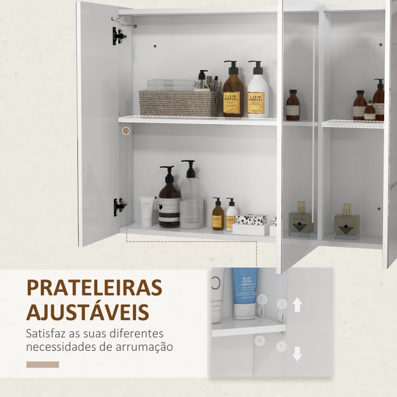 kleankin Armário Casa de Banho com Espelho e Luz LED com 3 Portas Prateleiras Ajustáveis e Interruptor Tátil 90x15x70 cm Branco Brilhante