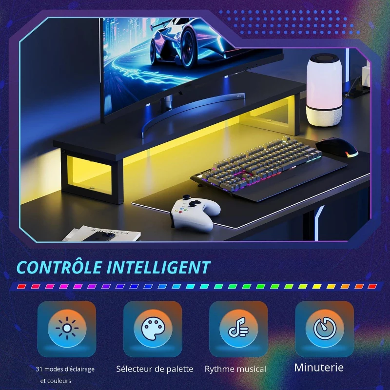 Bureau d'angle en L, LED pilotable via application et station d'alimentation intégrée, 167,5x50x87,5 cm, Noir