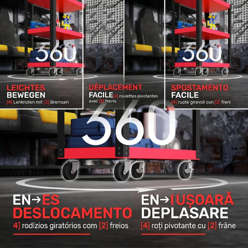 HOMCOM Cărucior pentru unelte cu 3 rafturi din metal și PP, 70,5x35x82,5 cm, roșu și negru