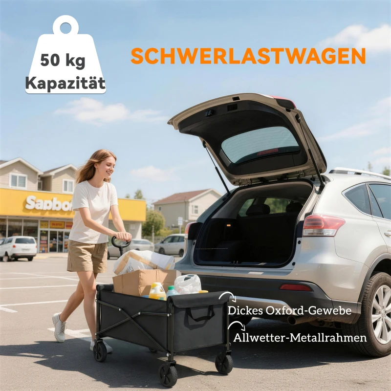 Outsunny 80 L festivalkar op wielen, compacte opvouwbare tuinwagen met verstelbare handgreep, Zwart