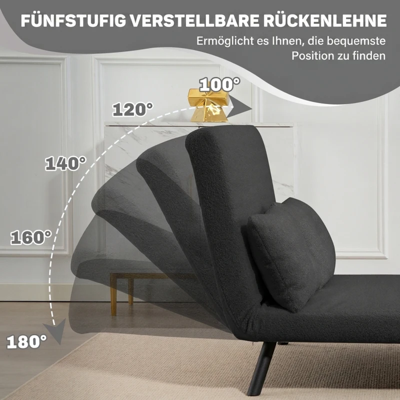 HOMCOM Slaapbank 2-zits met bedfunctie, incl. 2 kussens, sherpa-look, naturel + donkergrijs + zwart