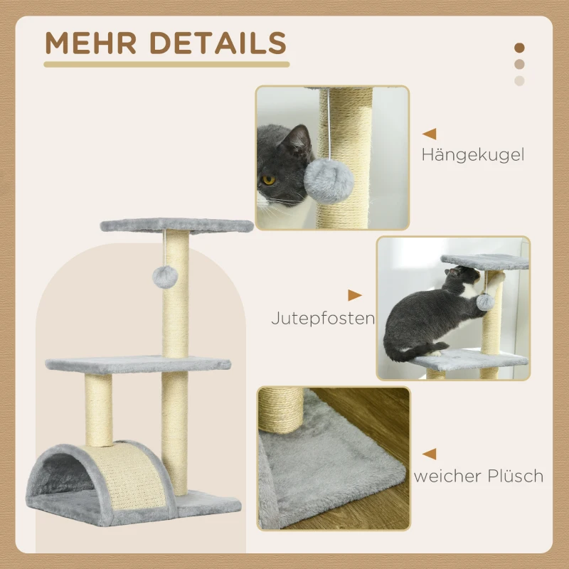 PawHut Krabpaal 72 cm Kattentoren met Pluche Ballen, Sisalpalen, Platform, Klimmat Lichtgrijs