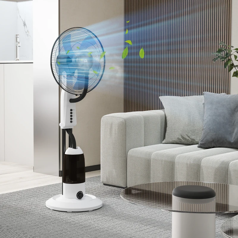 HOMCOM Ventilador Nebulizador Oscilante 90 W Tanque 2,8L 3 Velocidades 5 Aspas y Ruedas Ø44,5x120 cm Blanco