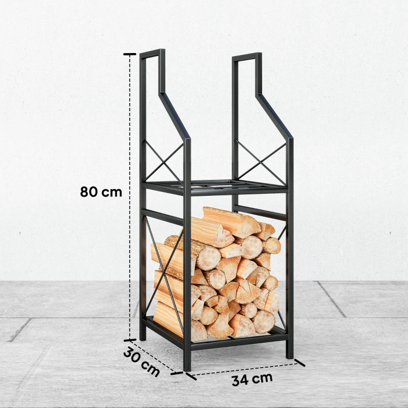 Outsunny Suport lemne de foc pe 2 niveluri din metal cu bază ridicată, 34x30x80 cm, negru
