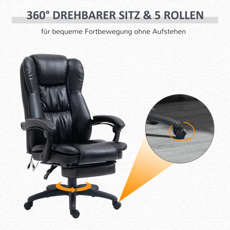 Vinsetto bureaustoel stoel directiestoel draaibare stoel met massagefunctie ligfunctie kunstleer schuim PP kunststof nylon zwart 68,5 x 68,5 x 119-127 cm
