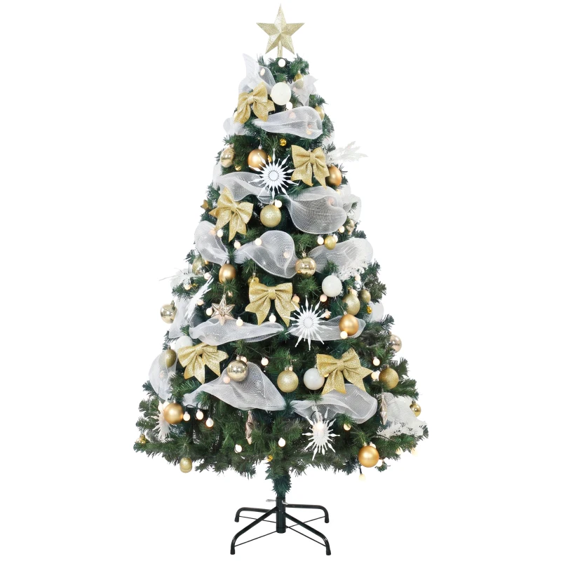 HOMCOM Weihnachtsbaum 180cm mit 200 warmweißen LEDs, 8 Modi, 800 feuerhemmende Zweige, Kugeln, Bänder, Schleifen