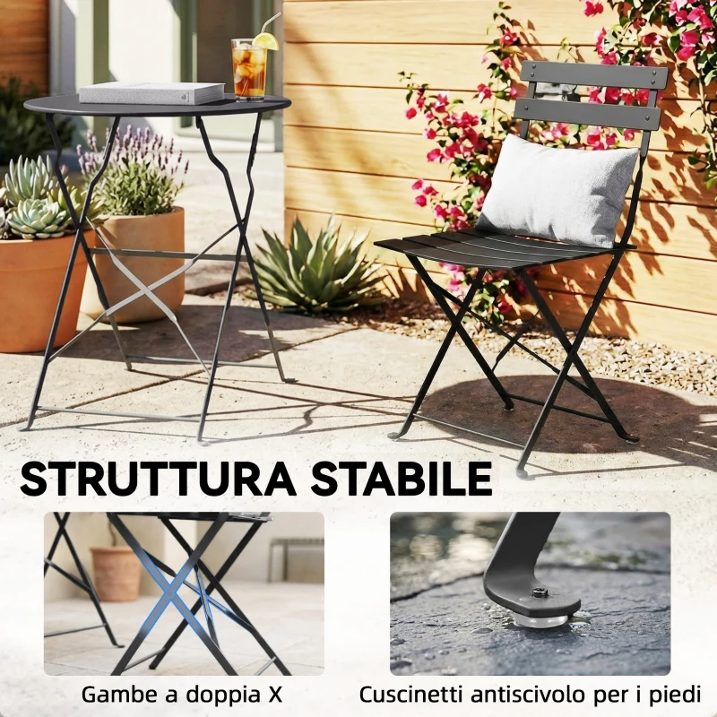 Outsunny Set Bistrò Esterno, Arredo Giardino Pieghevole con Tavolo e 2 Sedie, Nero.