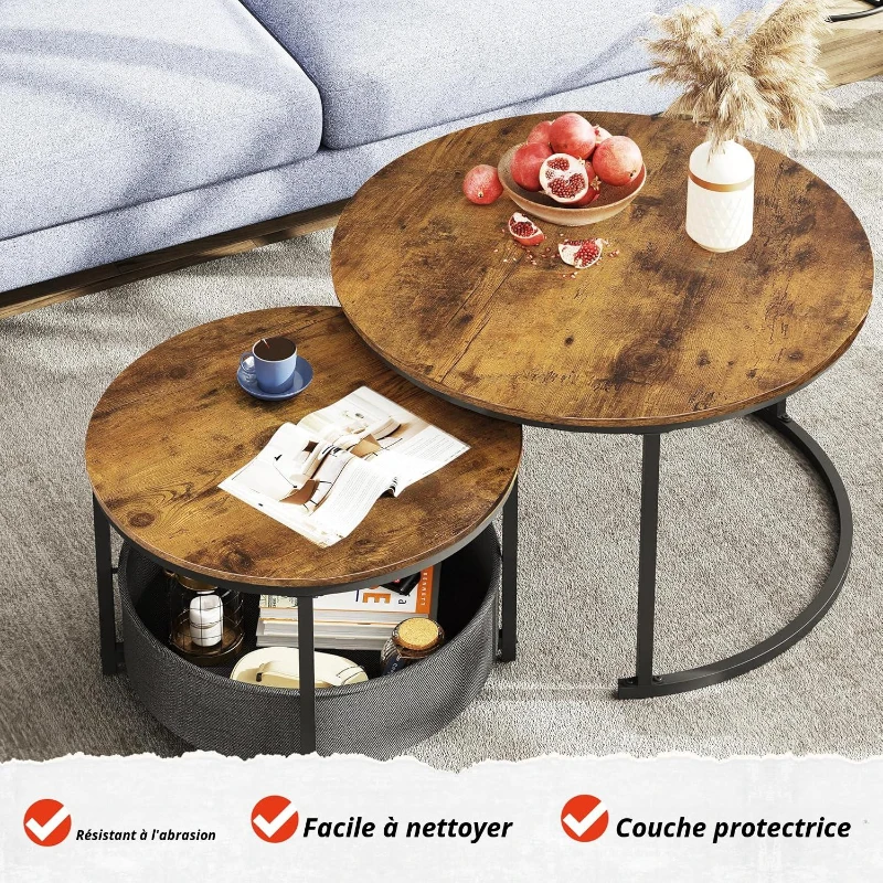 Table basse lot de 2, design 2‑en‑1 flexible, design moderne, 80x80x48,2 cm, marron