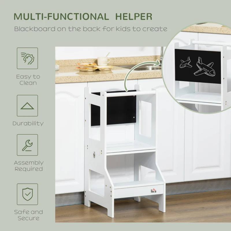 HOMCOM Toddler Learning Tower, 2 in 1 Toddler Step Stool for Kids with Chalkboard and Security Rail, Foldable Step Stool for Kitchen Bathroom, Ages 3-6 Years, White