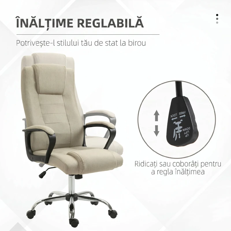 Vinsetto Scaun de Birou Ergonomic, Rotativ și Înclinabil, din Țesătură cu Aspect de In, cu Tetieră, Bej