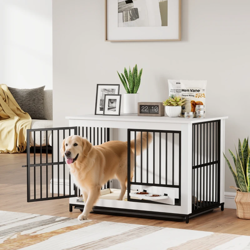 PawHut Grote hondenbox, gemakkelijke toegang, vergrendeld, draaibare komhouder, voor kleine en grote honden, Wit(m-2)